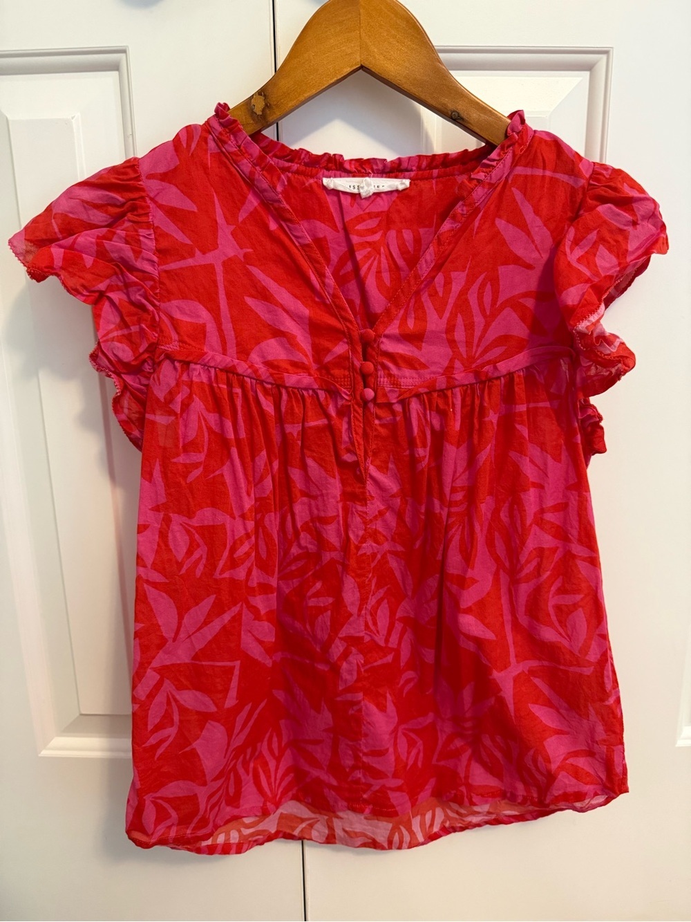 Melissa Nepton Red and Pink Ruffle Sleeve Top Blouse Size XS